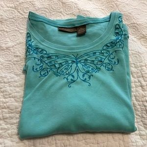 Jane Ashley teal t-shirt embroidered with butterflies + sequins & beads (2X)